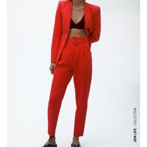 ZARA High Waisted Belted Pants Coral - Picture 5 of 9